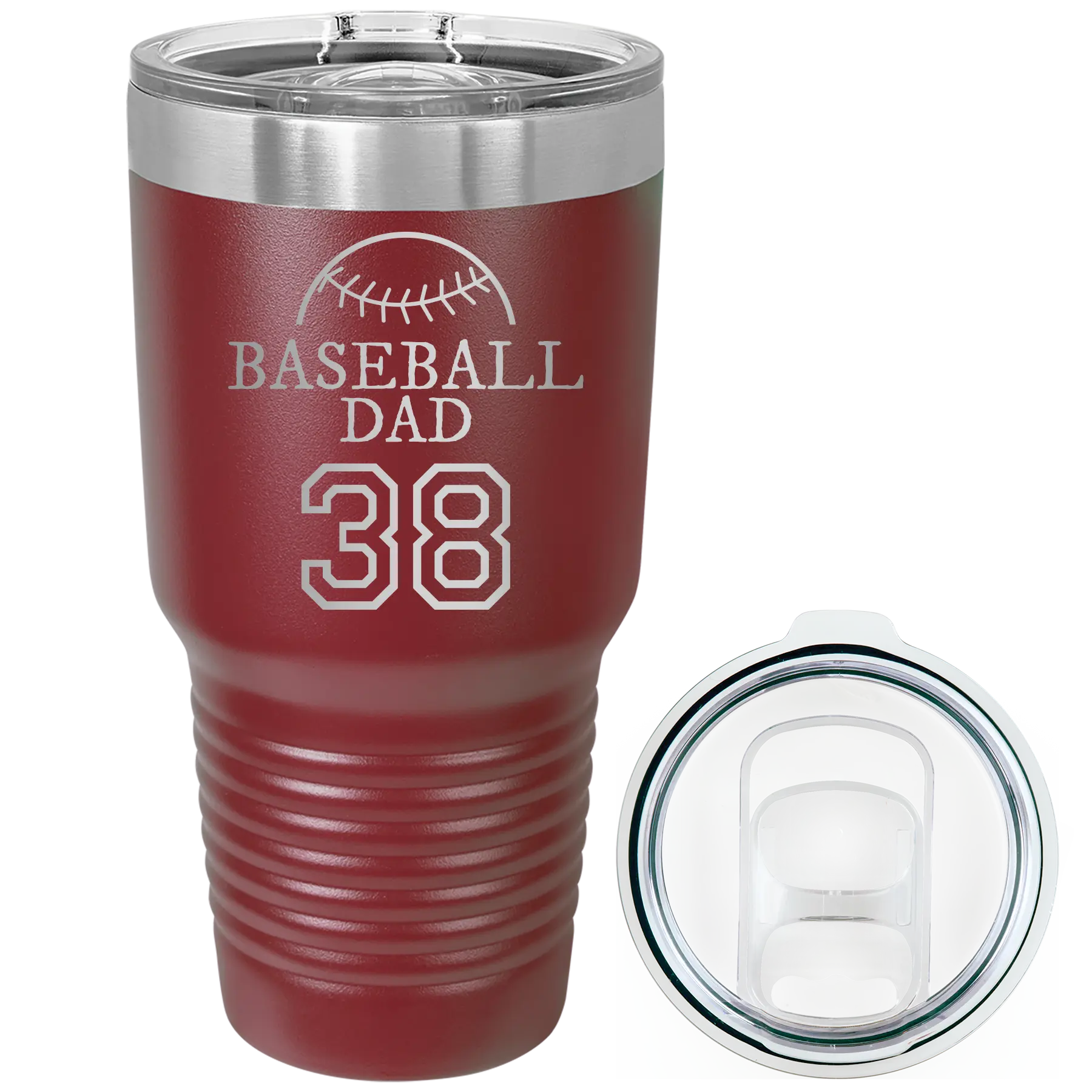 Laser etched maroon 30 oz vacuum insulated tumbler with 'Baseball Dad and Number' design
