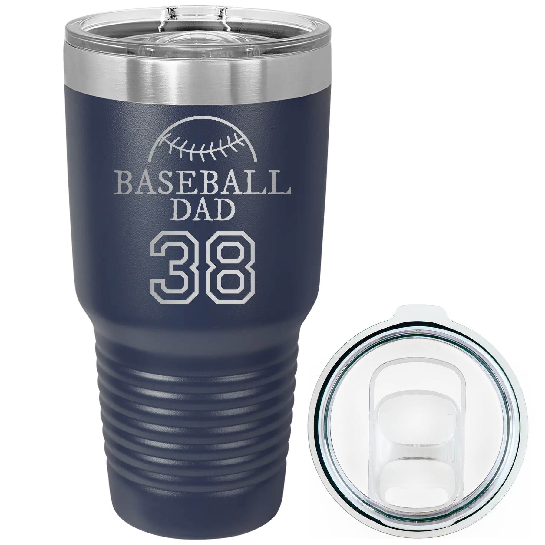 Laser etched navy 30 oz vacuum insulated tumbler with 'Baseball Dad and Number' design