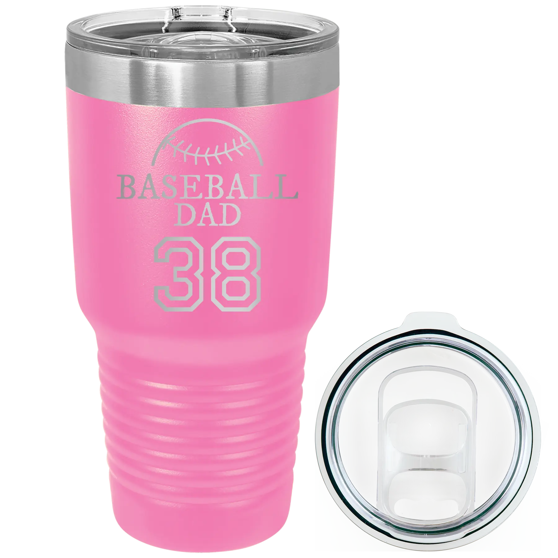 Laser etched pink 30 oz vacuum insulated tumbler with 'Baseball Dad and Number' design