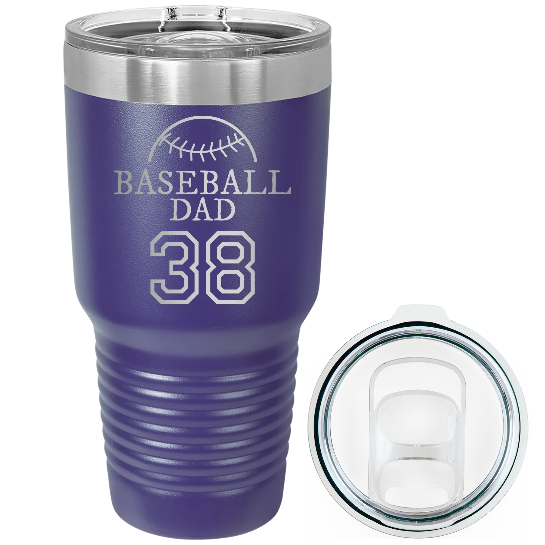 Laser etched purple 30 oz vacuum insulated tumbler with 'Baseball Dad and Number' design