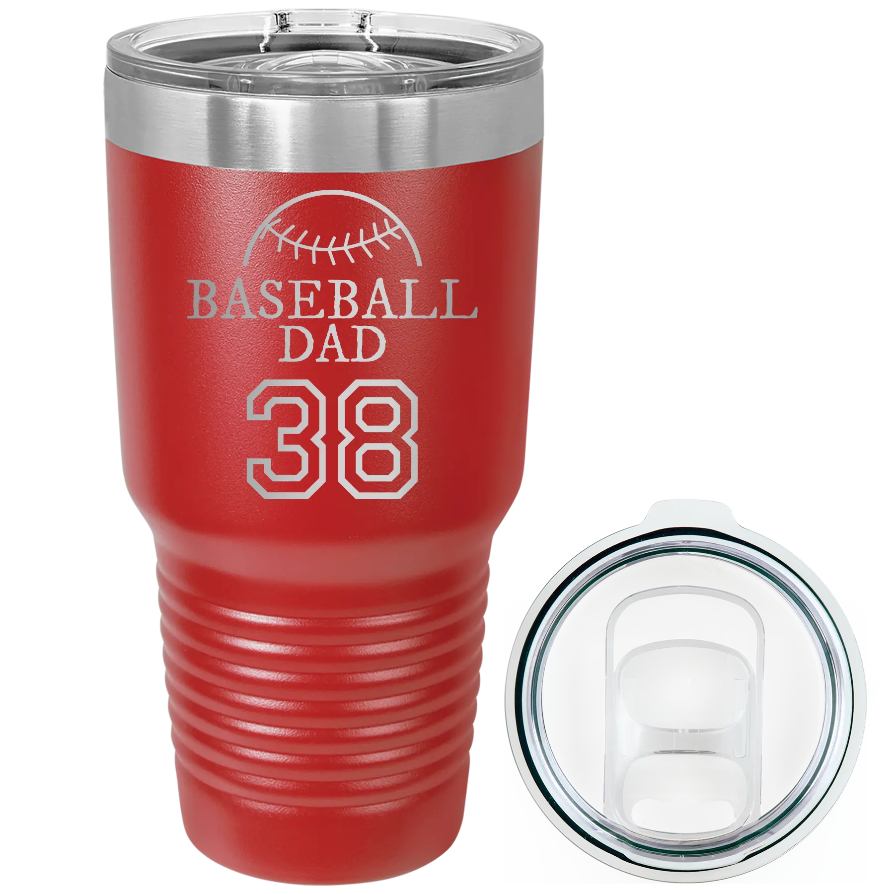 Laser etched red 30 oz vacuum insulated tumbler with 'Baseball Dad and Number' design