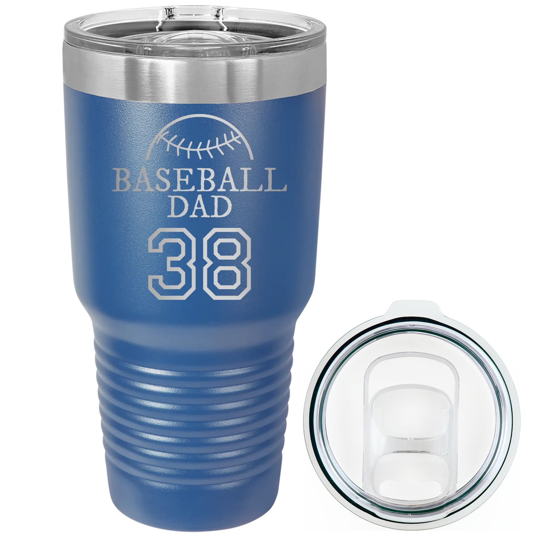 Laser etched royal blue 30 oz vacuum insulated tumbler with 'Baseball Dad and Number' design