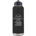 Laser etched black 32 oz vacuum insulated water bottle with 'Baseball Dad and Number' design
