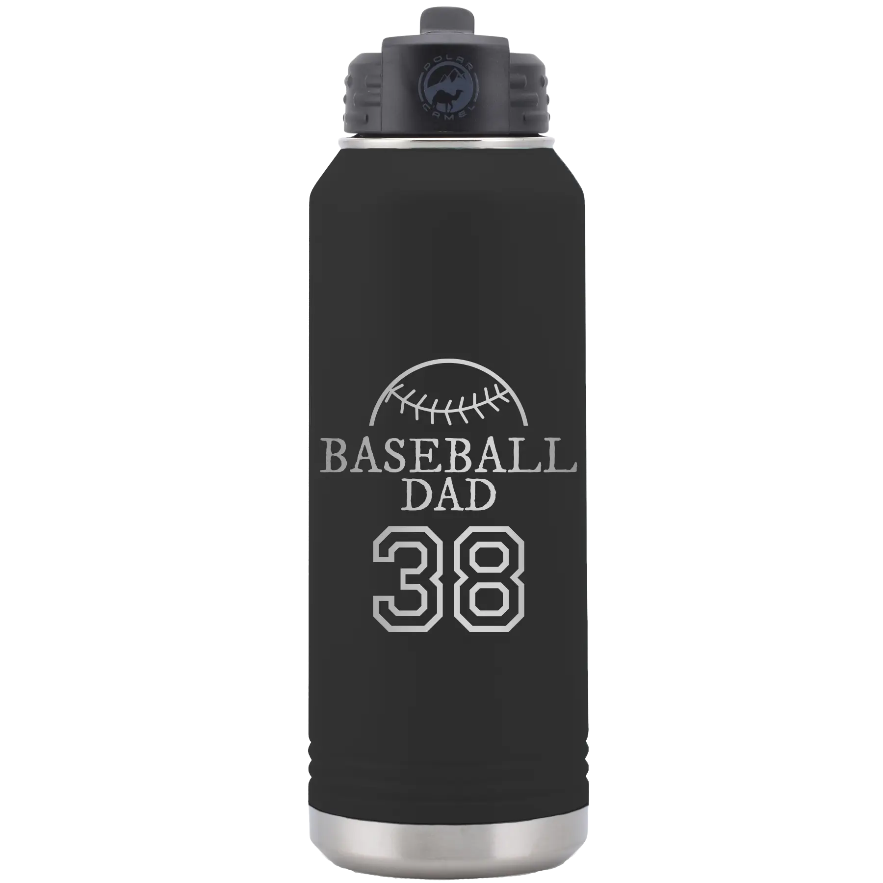 Laser etched black 32 oz vacuum insulated water bottle with 'Baseball Dad and Number' design