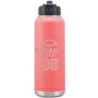 Laser etched coral 32 oz vacuum insulated water bottle with 'Baseball Dad and Number' design