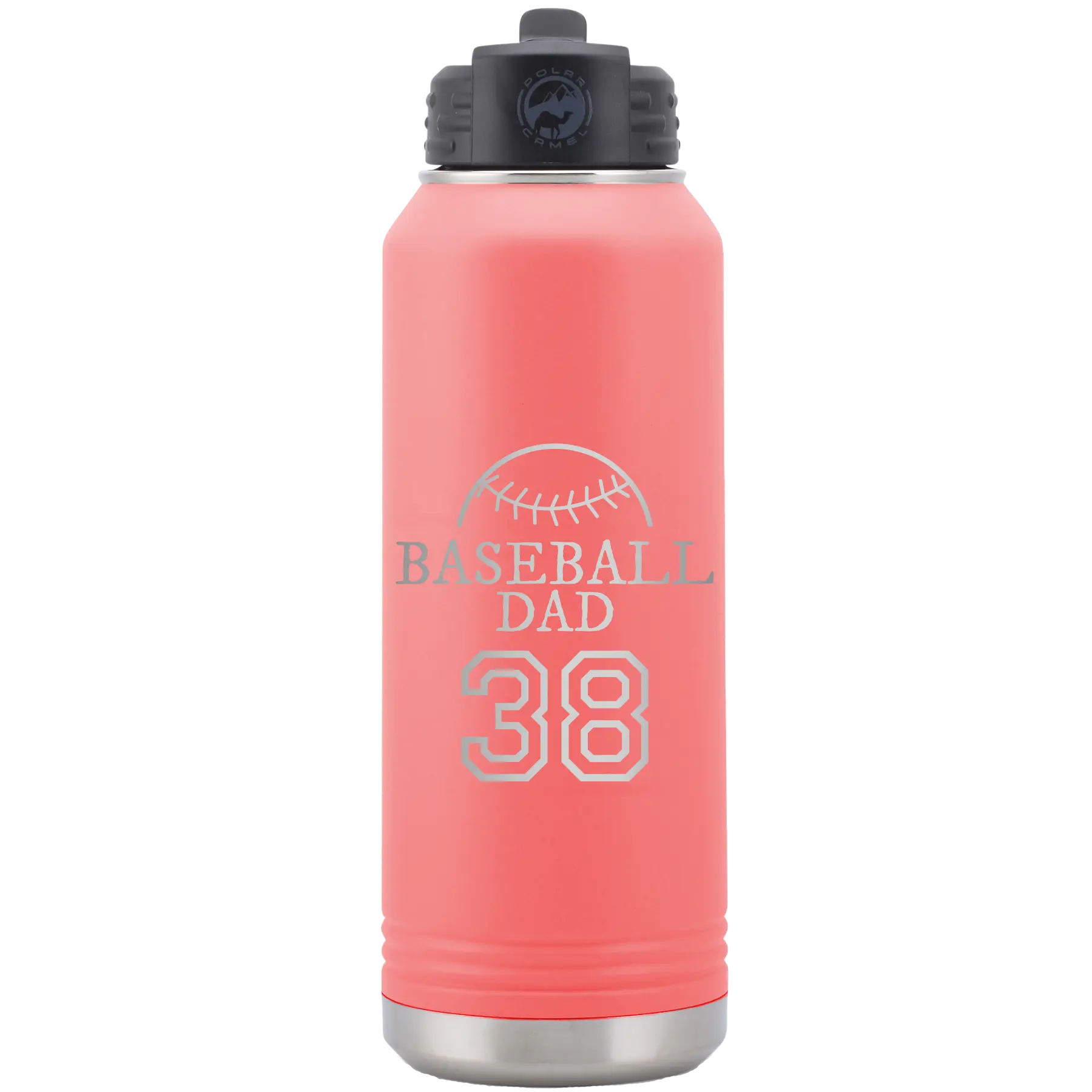 Laser etched coral 32 oz vacuum insulated water bottle with 'Baseball Dad and Number' design