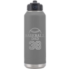 Laser etched dark gray 32 oz vacuum insulated water bottle with 'Baseball Dad and Number' design