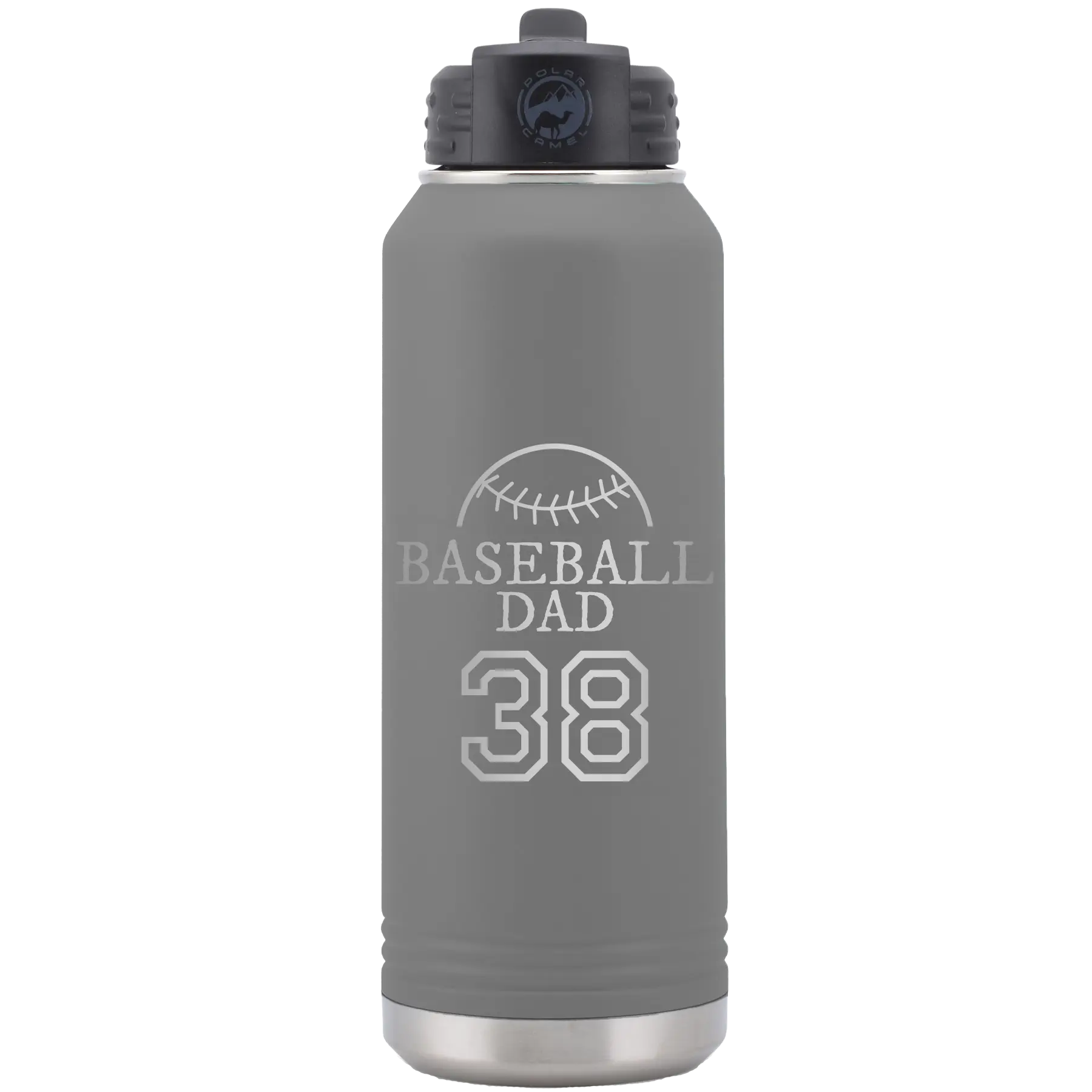 Laser etched dark gray 32 oz vacuum insulated water bottle with 'Baseball Dad and Number' design