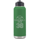 Laser etched green 32 oz vacuum insulated water bottle with 'Baseball Dad and Number' design