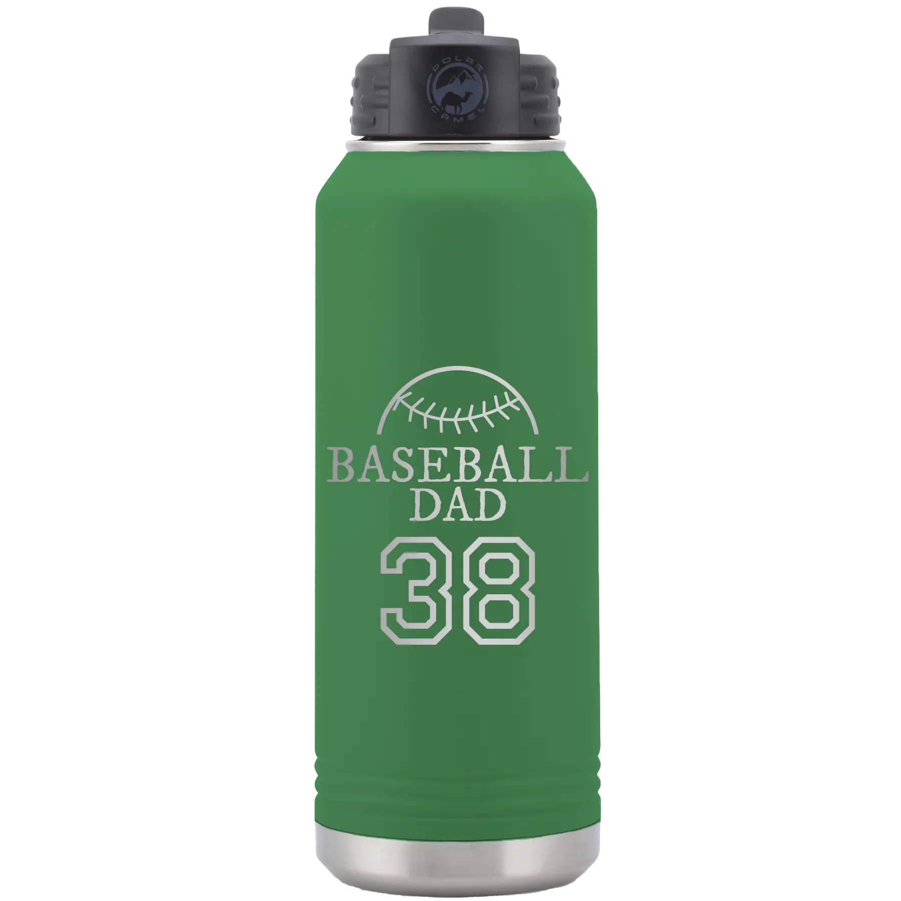 Laser etched green 32 oz vacuum insulated water bottle with 'Baseball Dad and Number' design