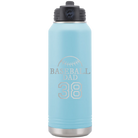 Laser etched light blue 32 oz vacuum insulated water bottle with 'Baseball Dad and Number' design