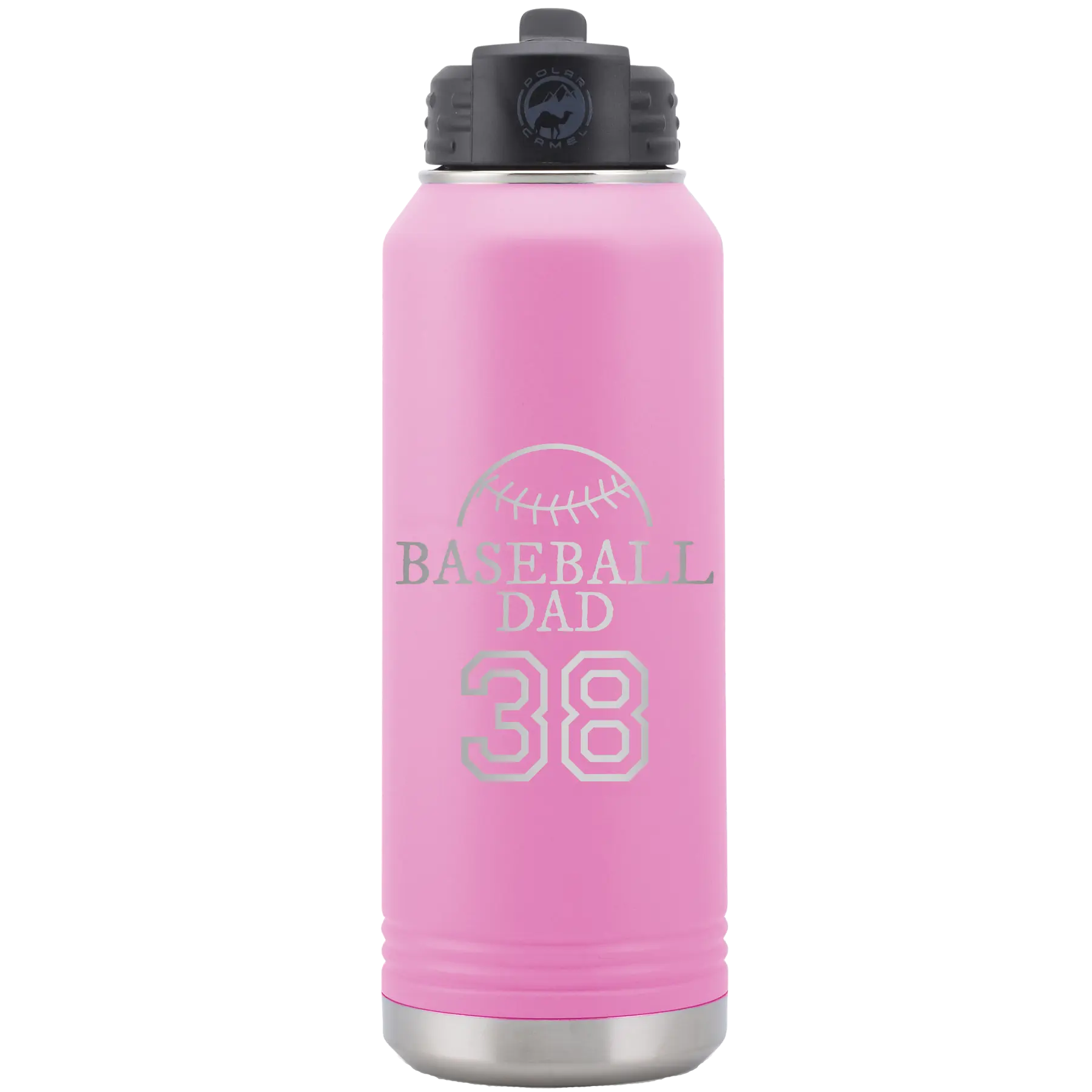 Laser etched light purple 32 oz vacuum insulated water bottle with 'Baseball Dad and Number' design