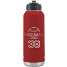 Laser etched maroon 32 oz vacuum insulated water bottle with 'Baseball Dad and Number' design