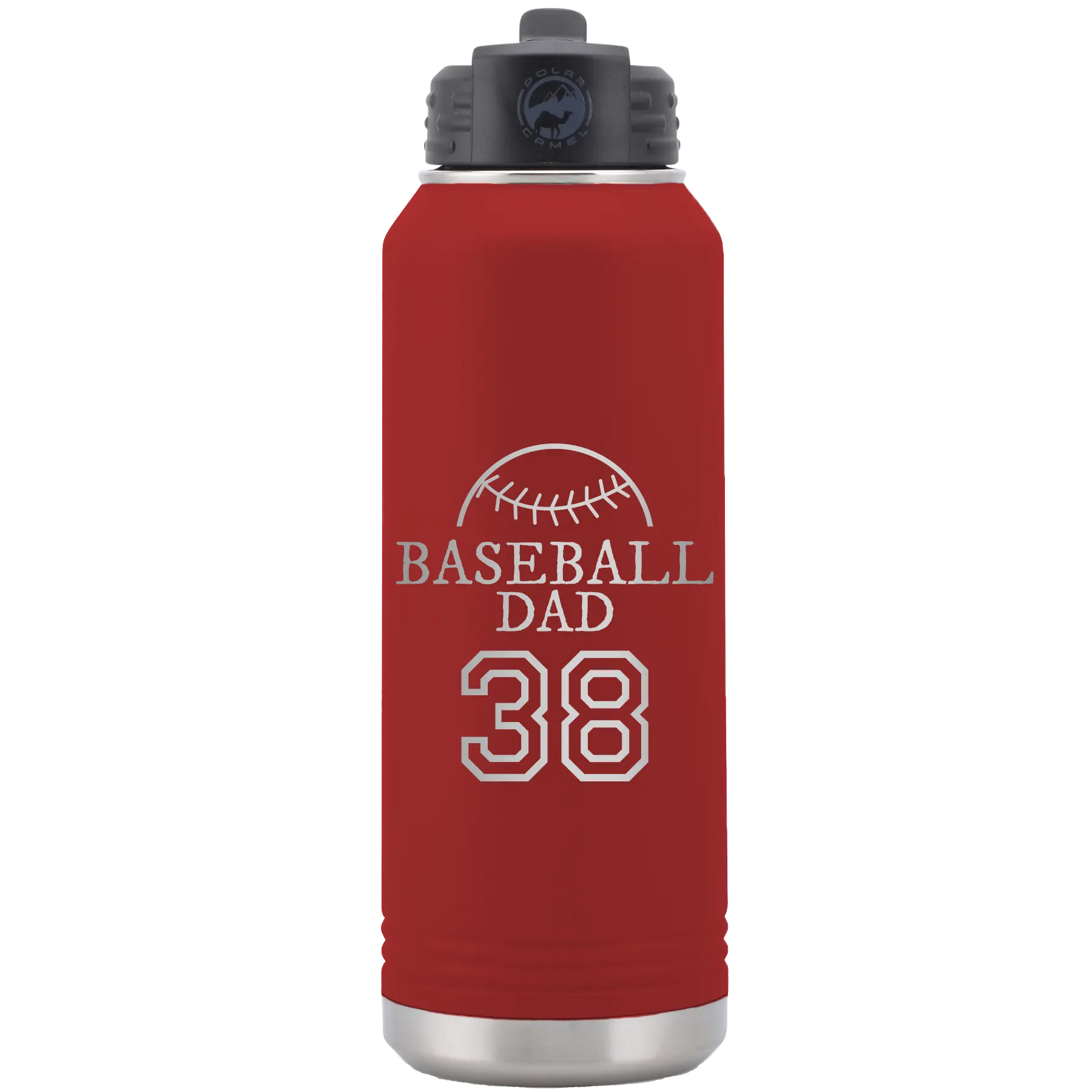 Laser etched maroon 32 oz vacuum insulated water bottle with 'Baseball Dad and Number' design
