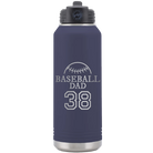 Laser etched navy 32 oz vacuum insulated water bottle with 'Baseball Dad and Number' design