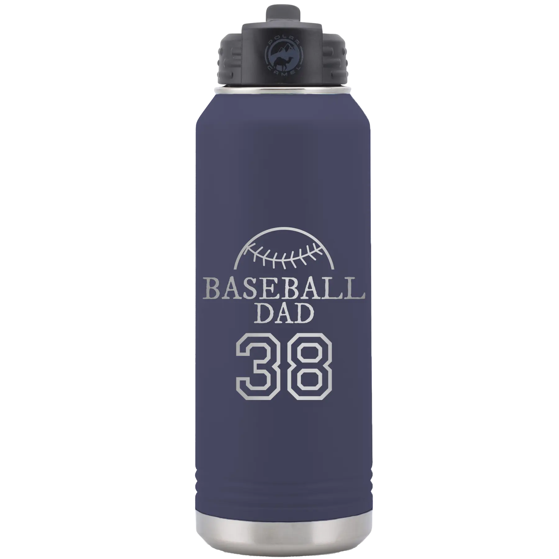 Laser etched navy 32 oz vacuum insulated water bottle with 'Baseball Dad and Number' design