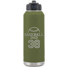 Laser etched olive green 32 oz vacuum insulated water bottle with 'Baseball Dad and Number' design