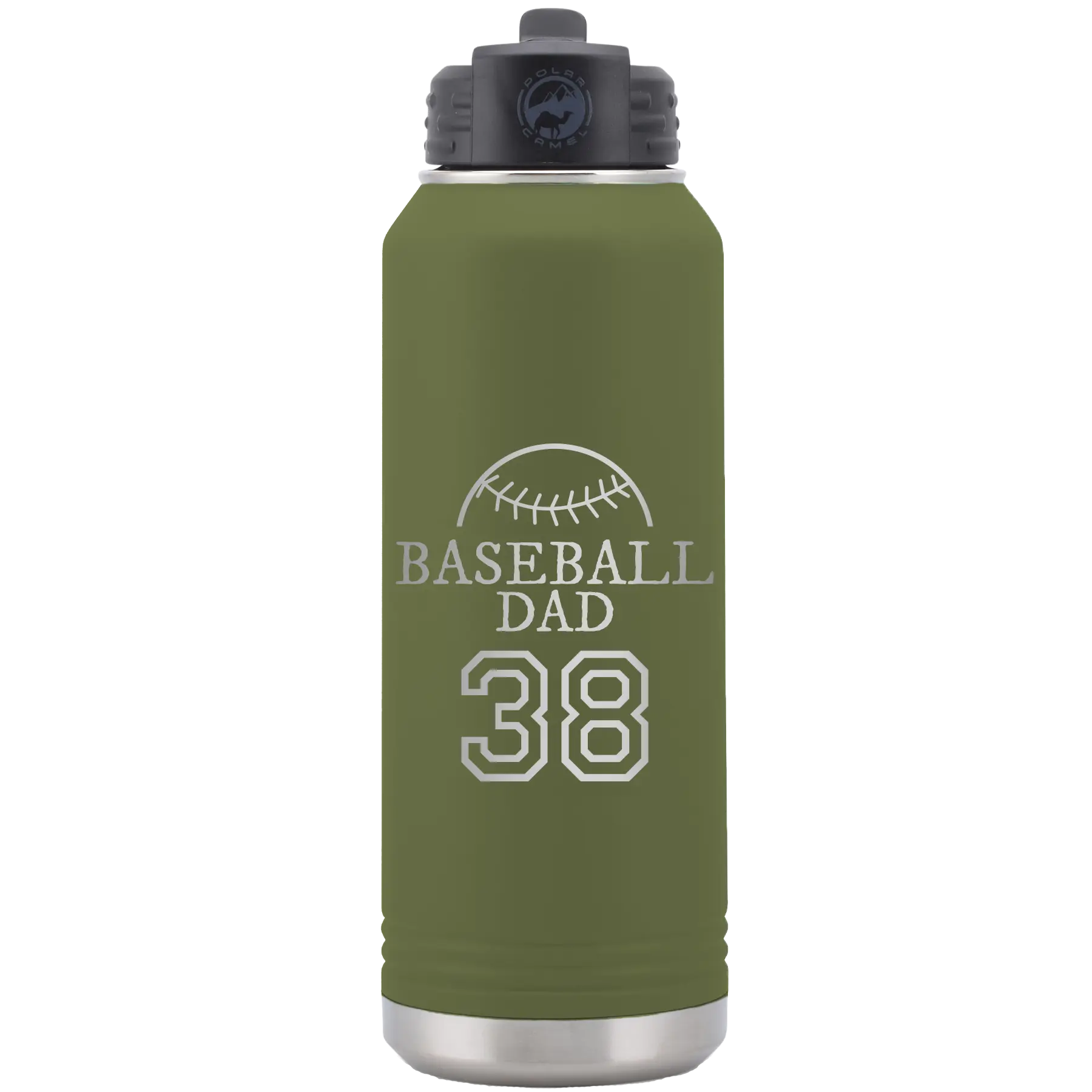 Laser etched olive green 32 oz vacuum insulated water bottle with 'Baseball Dad and Number' design