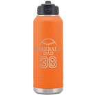 Laser etched orange 32 oz vacuum insulated water bottle with 'Baseball Dad and Number' design