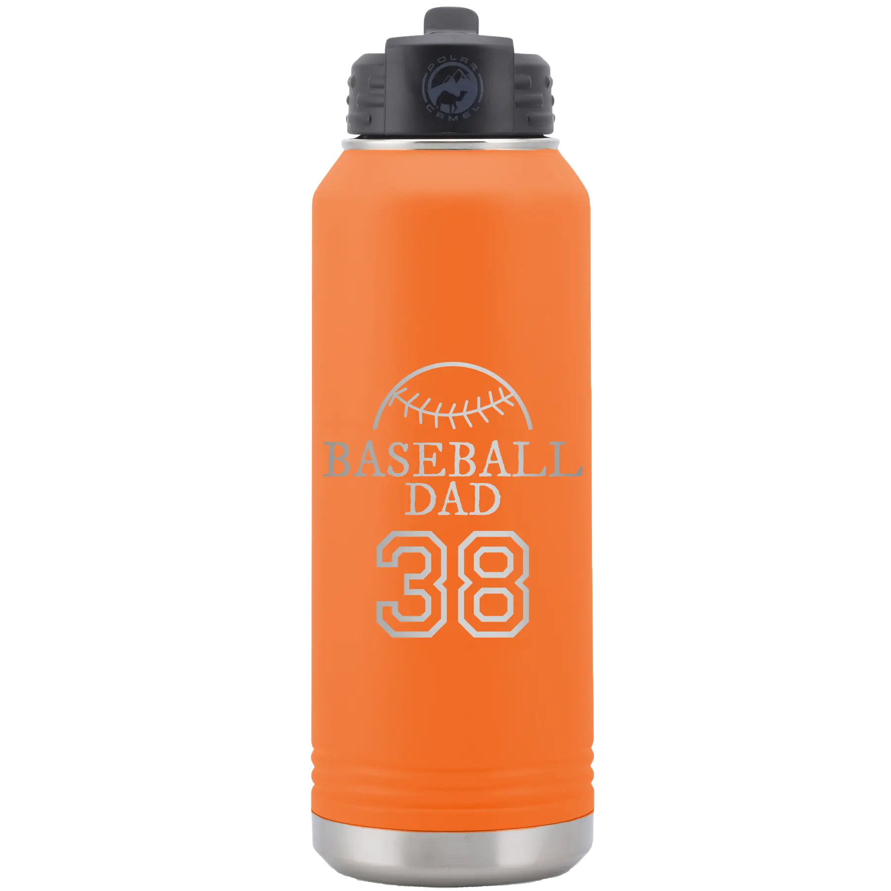 Laser etched orange 32 oz vacuum insulated water bottle with 'Baseball Dad and Number' design