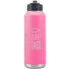 Laser etched pink 32 oz vacuum insulated water bottle with 'Baseball Dad and Number' design