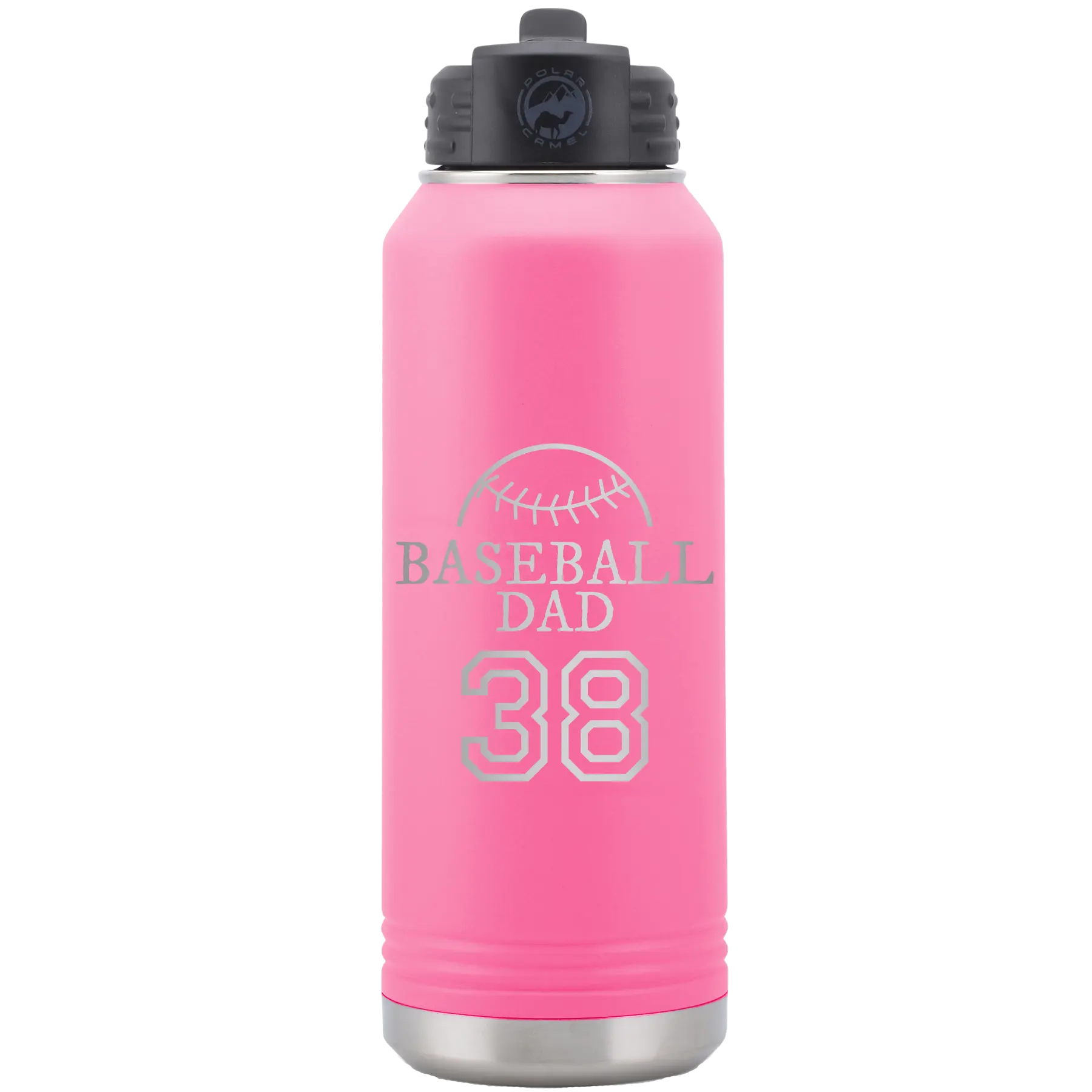 Laser etched pink 32 oz vacuum insulated water bottle with 'Baseball Dad and Number' design