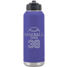 Laser etched purple 32 oz vacuum insulated water bottle with 'Baseball Dad and Number' design