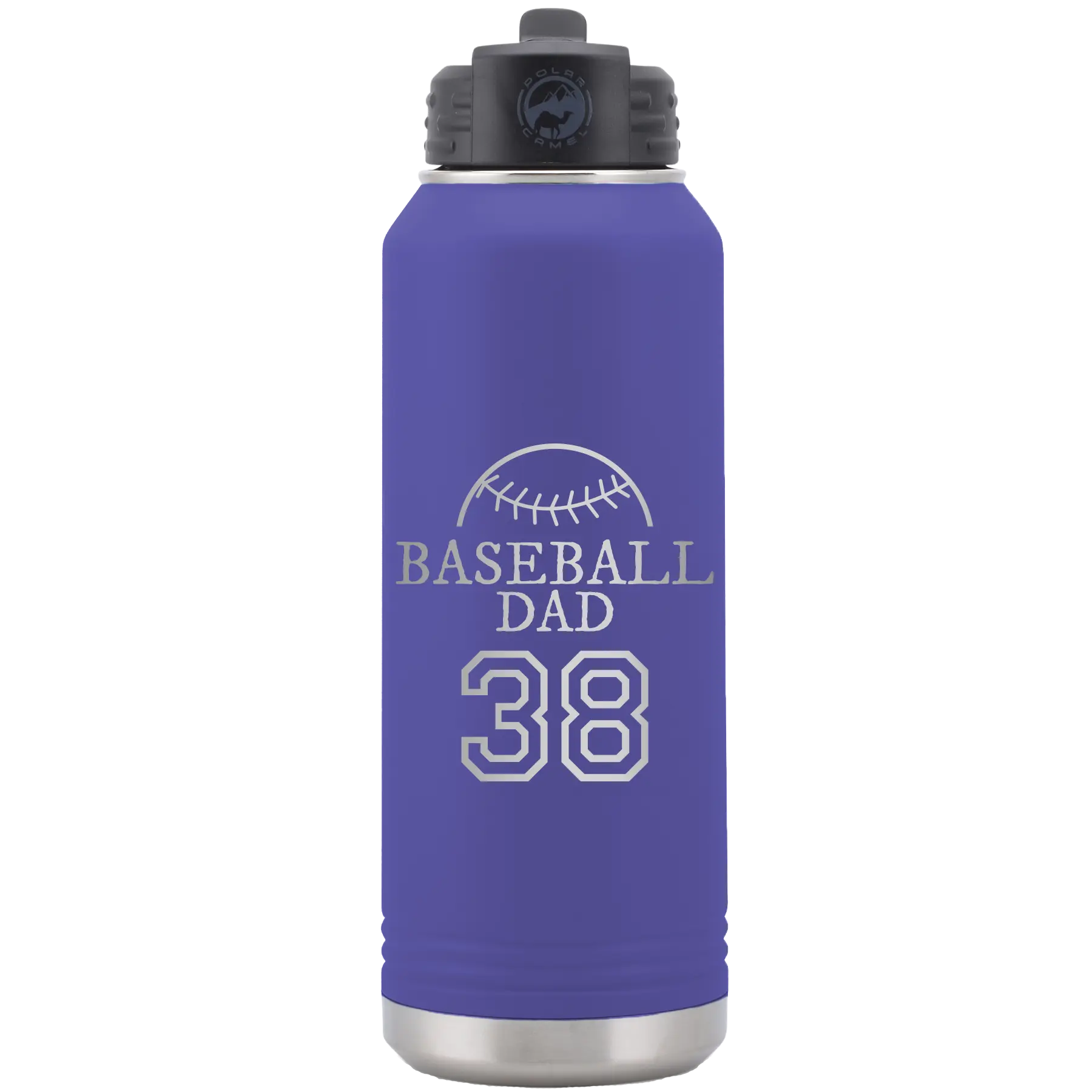 Laser etched purple 32 oz vacuum insulated water bottle with 'Baseball Dad and Number' design