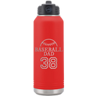 Laser etched red 32 oz vacuum insulated water bottle with 'Baseball Dad and Number' design