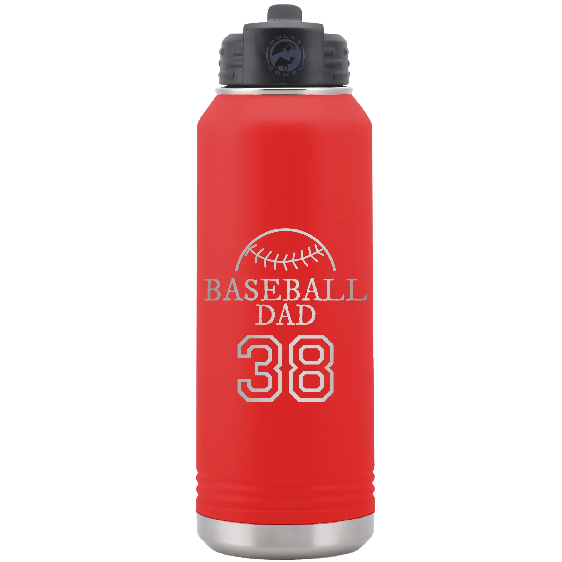 Laser etched red 32 oz vacuum insulated water bottle with 'Baseball Dad and Number' design