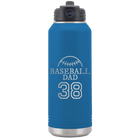 Laser etched royal blue 32 oz vacuum insulated water bottle with 'Baseball Dad and Number' design