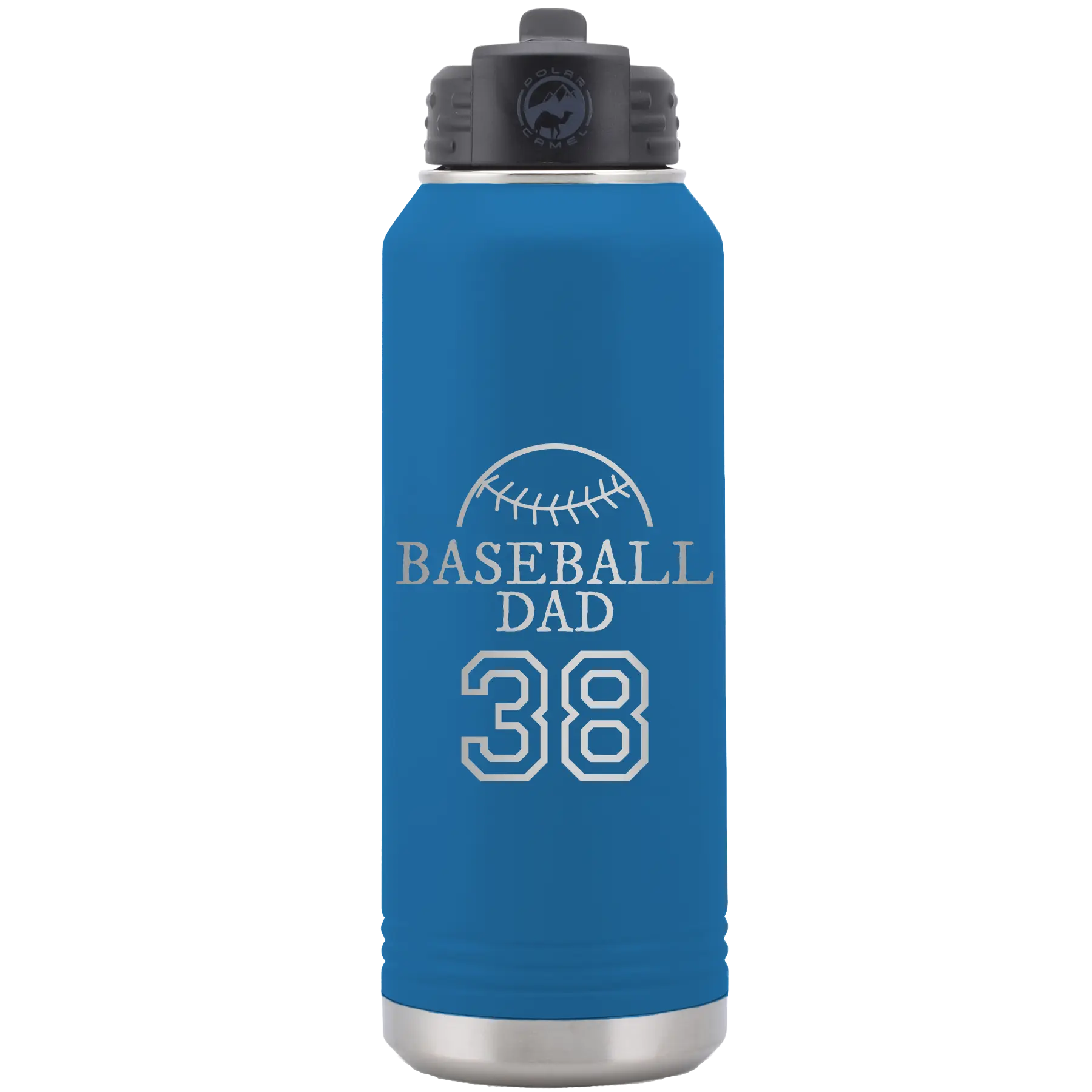 Laser etched royal blue 32 oz vacuum insulated water bottle with 'Baseball Dad and Number' design