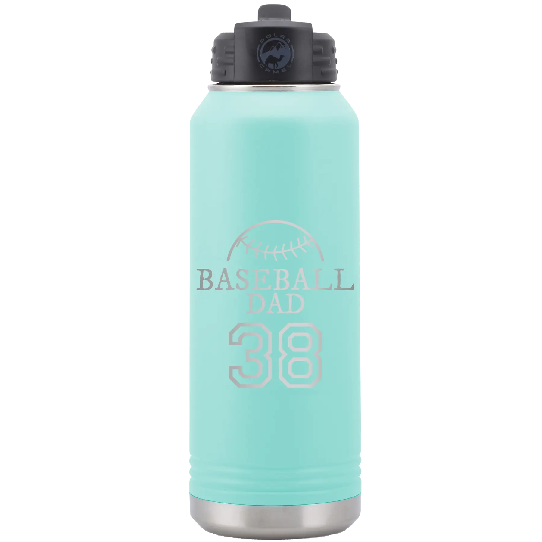 Laser etched teal 32 oz vacuum insulated water bottle with 'Baseball Dad and Number' design