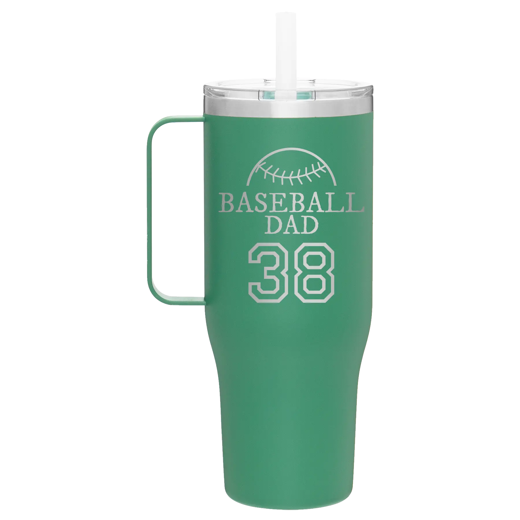 Personalized forage 40 oz vacuum insulated tumbler mug with 'Baseball Dad and Number' design