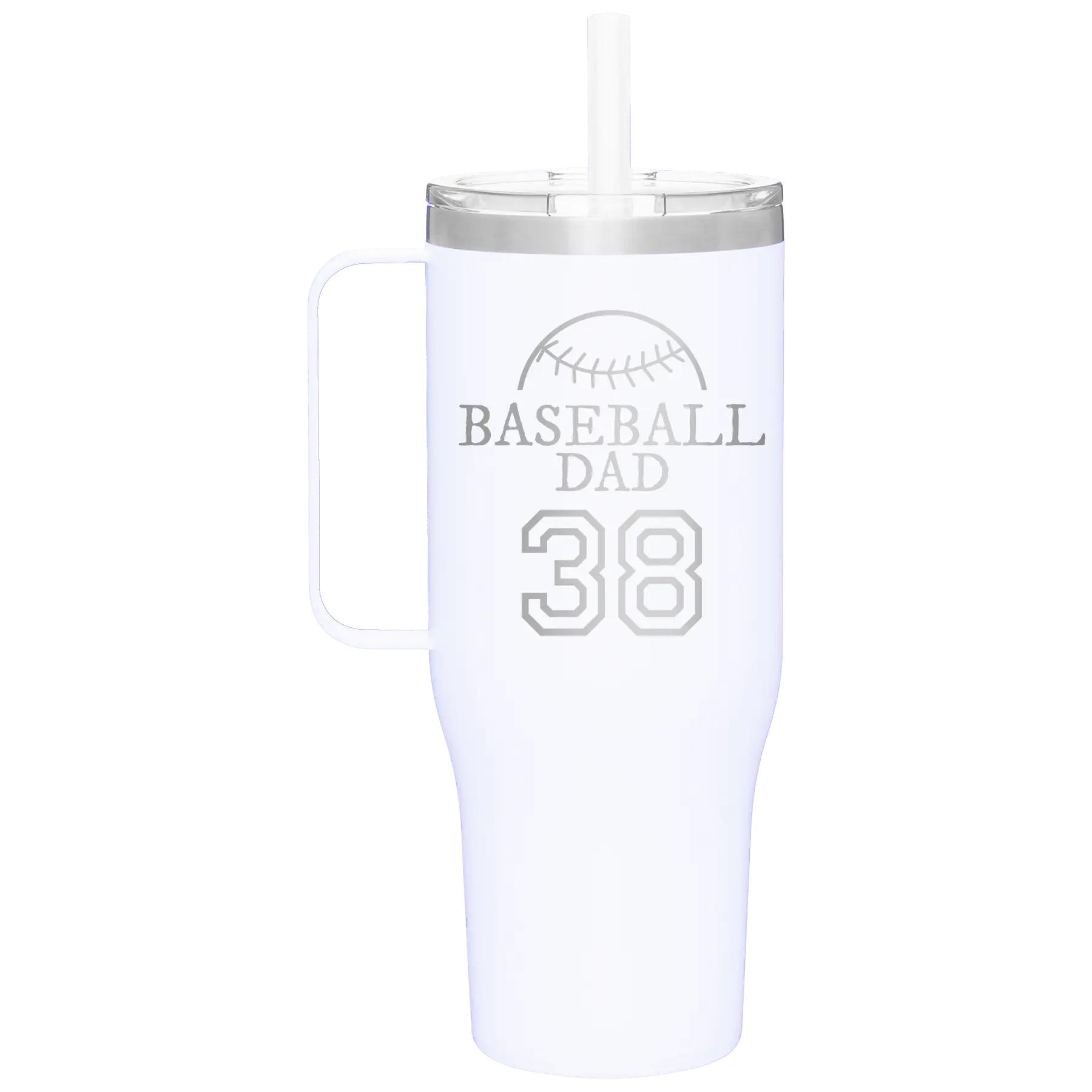 Personalized white 40 oz vacuum insulated tumbler mug with 'Baseball Dad and Number' design