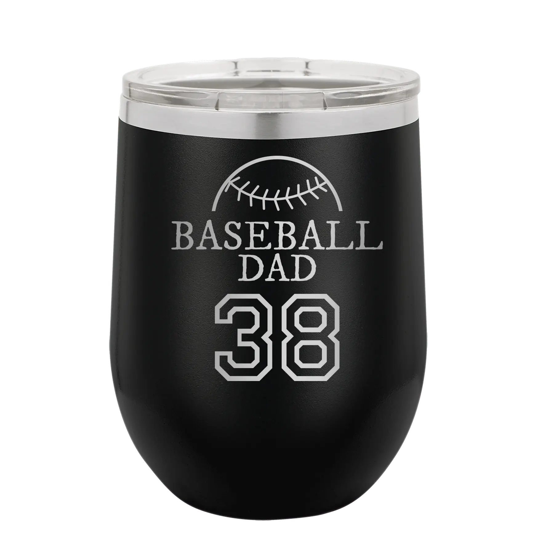 Personalized black 12 oz vacuum insulated wine cup with etched 'Baseball Dad and Number' design