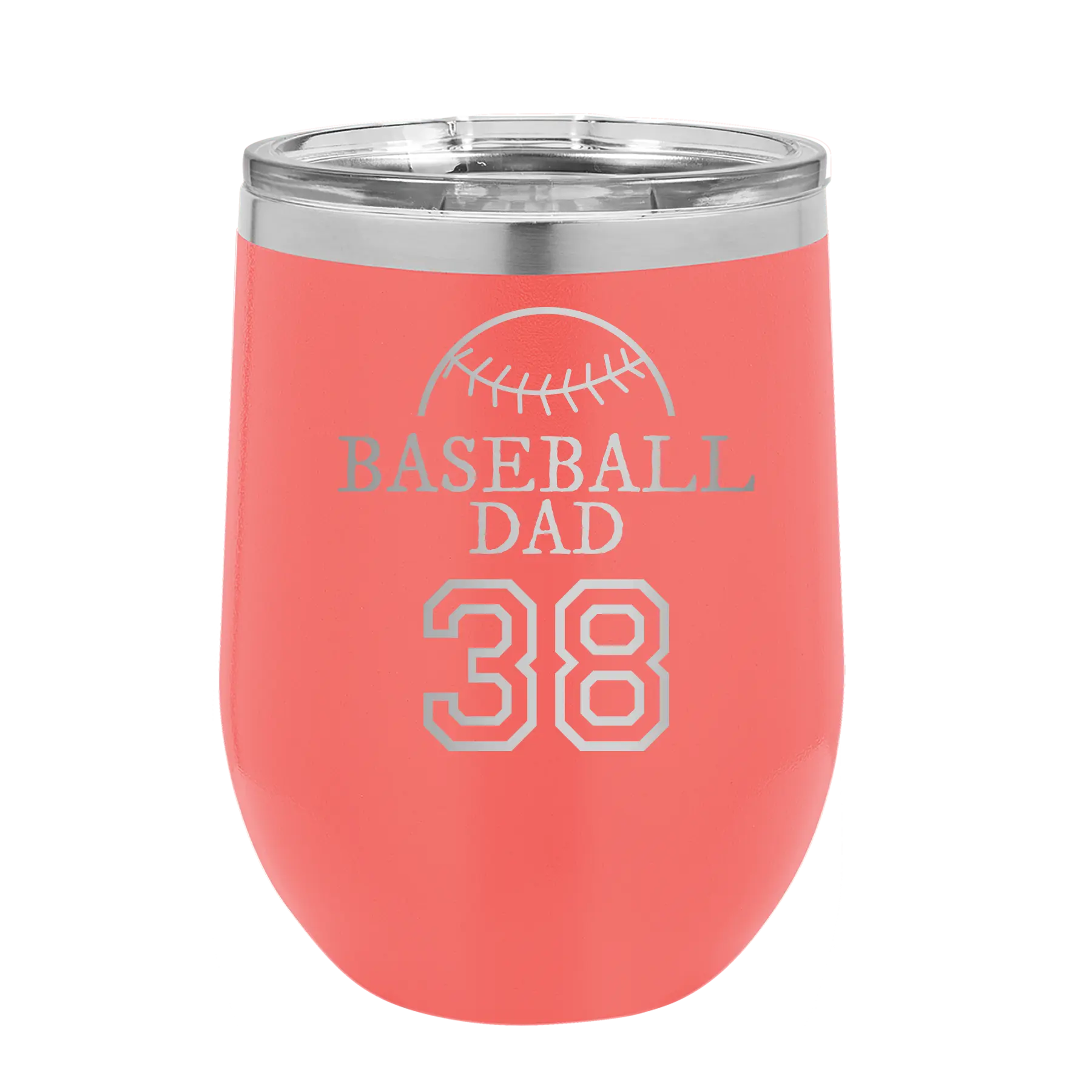 Personalized coral 12 oz vacuum insulated wine cup with etched 'Baseball Dad and Number' design