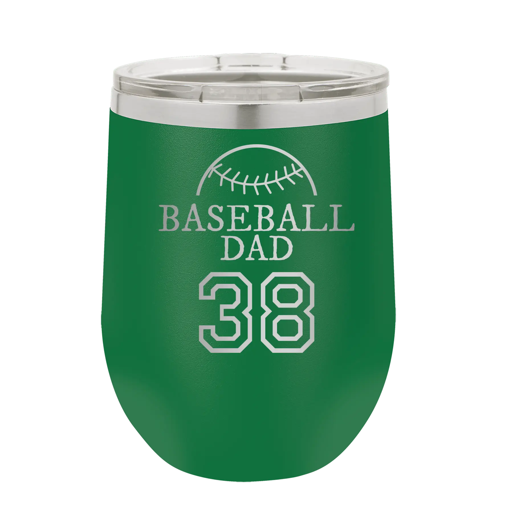 Personalized green 12 oz vacuum insulated wine cup with etched 'Baseball Dad and Number' design