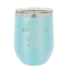 Personalized light blue 12 oz vacuum insulated wine cup with etched 'Baseball Dad and Number' design