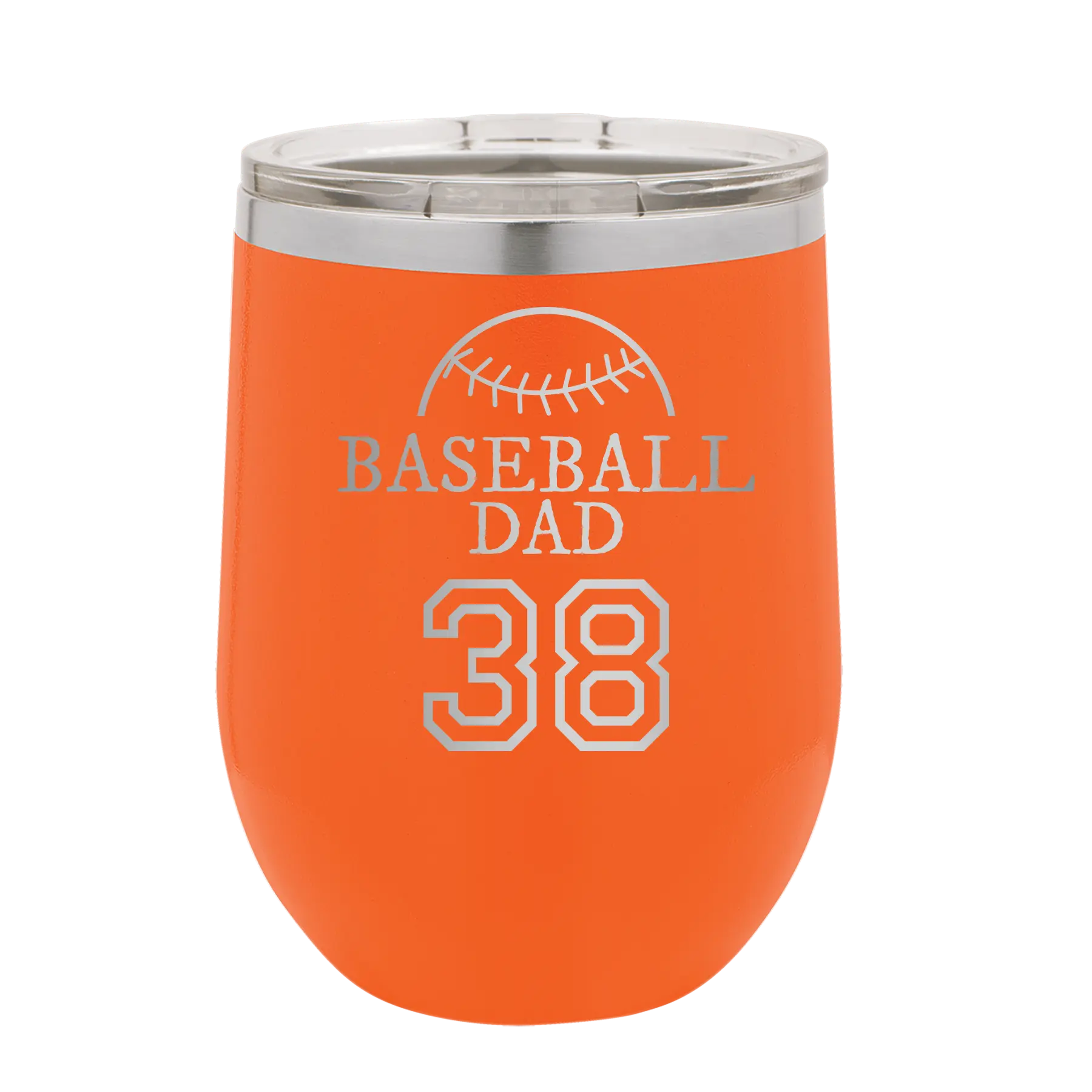 Personalized orange 12 oz vacuum insulated wine cup with etched 'Baseball Dad and Number' design