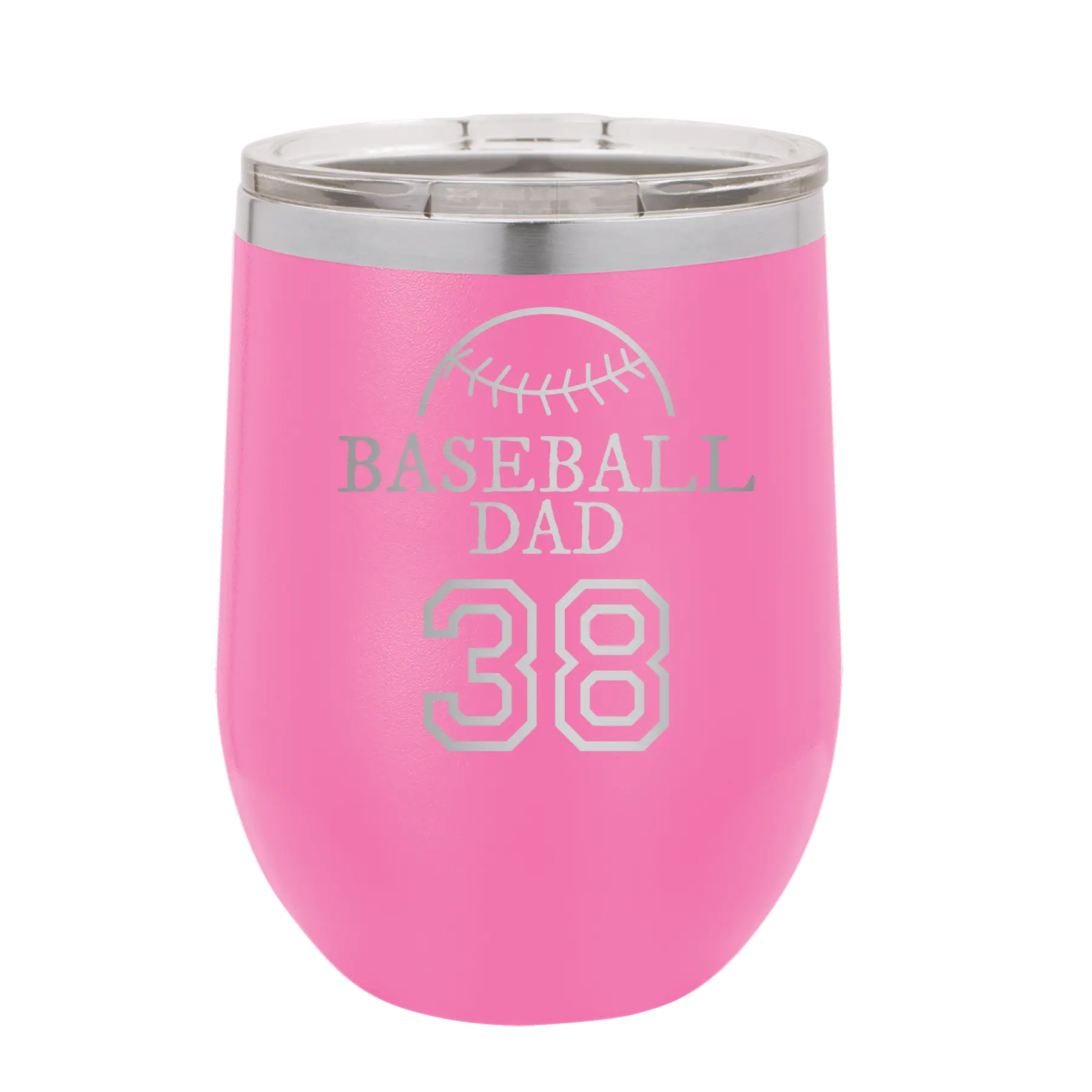 Personalized pink 12 oz vacuum insulated wine cup with etched 'Baseball Dad and Number' design