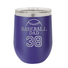 Personalized purple 12 oz vacuum insulated wine cup with etched 'Baseball Dad and Number' design
