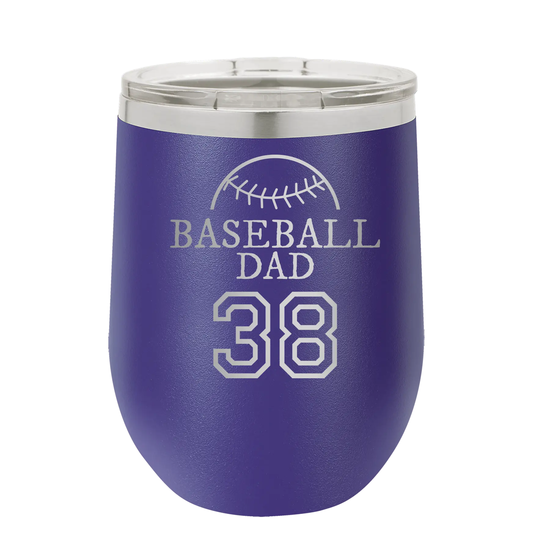 Personalized purple 12 oz vacuum insulated wine cup with etched 'Baseball Dad and Number' design