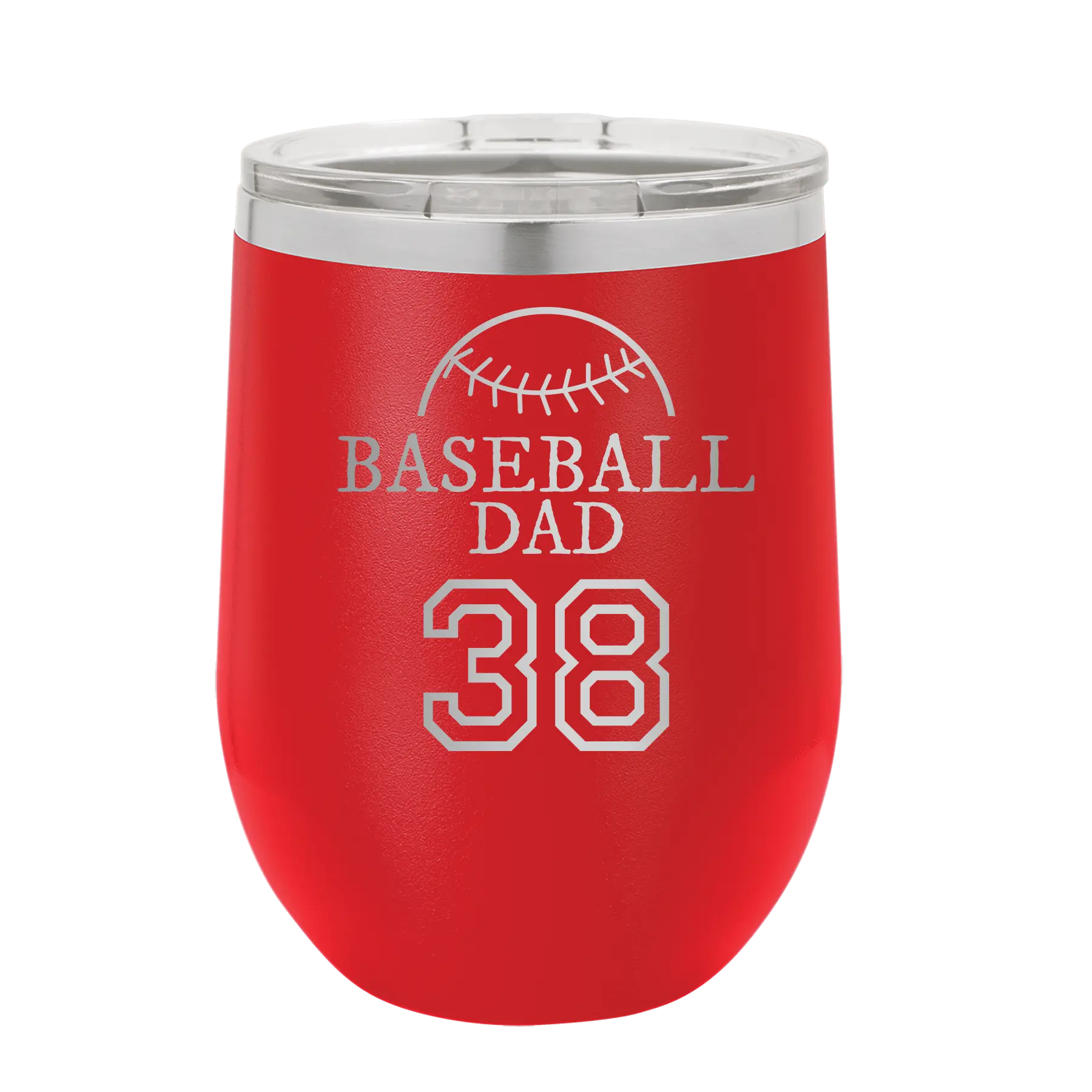 Personalized red 12 oz vacuum insulated wine cup with etched 'Baseball Dad and Number' design