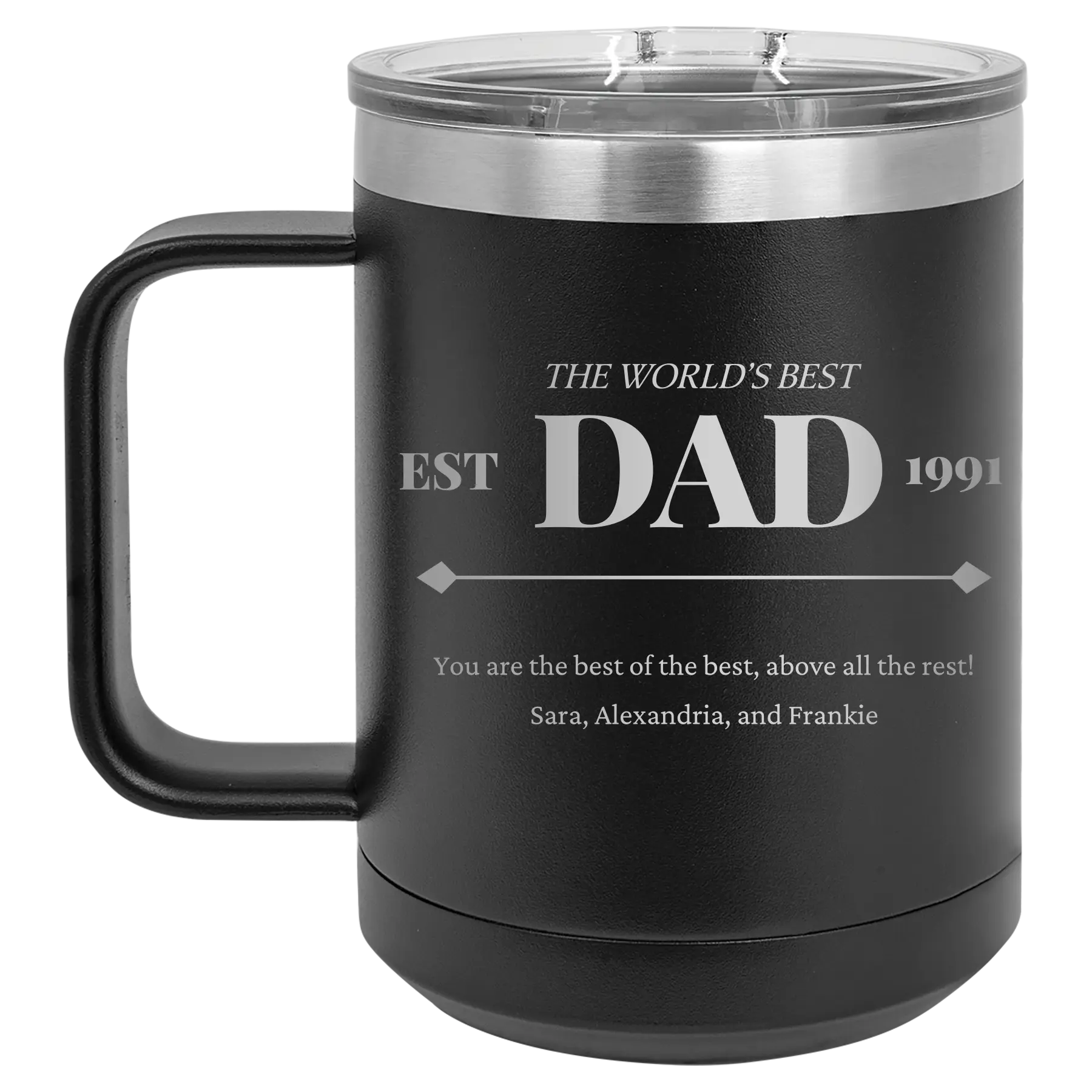 Personalized black 15 oz vacuum insulated coffee mug with etched 'Best Dad Est' design