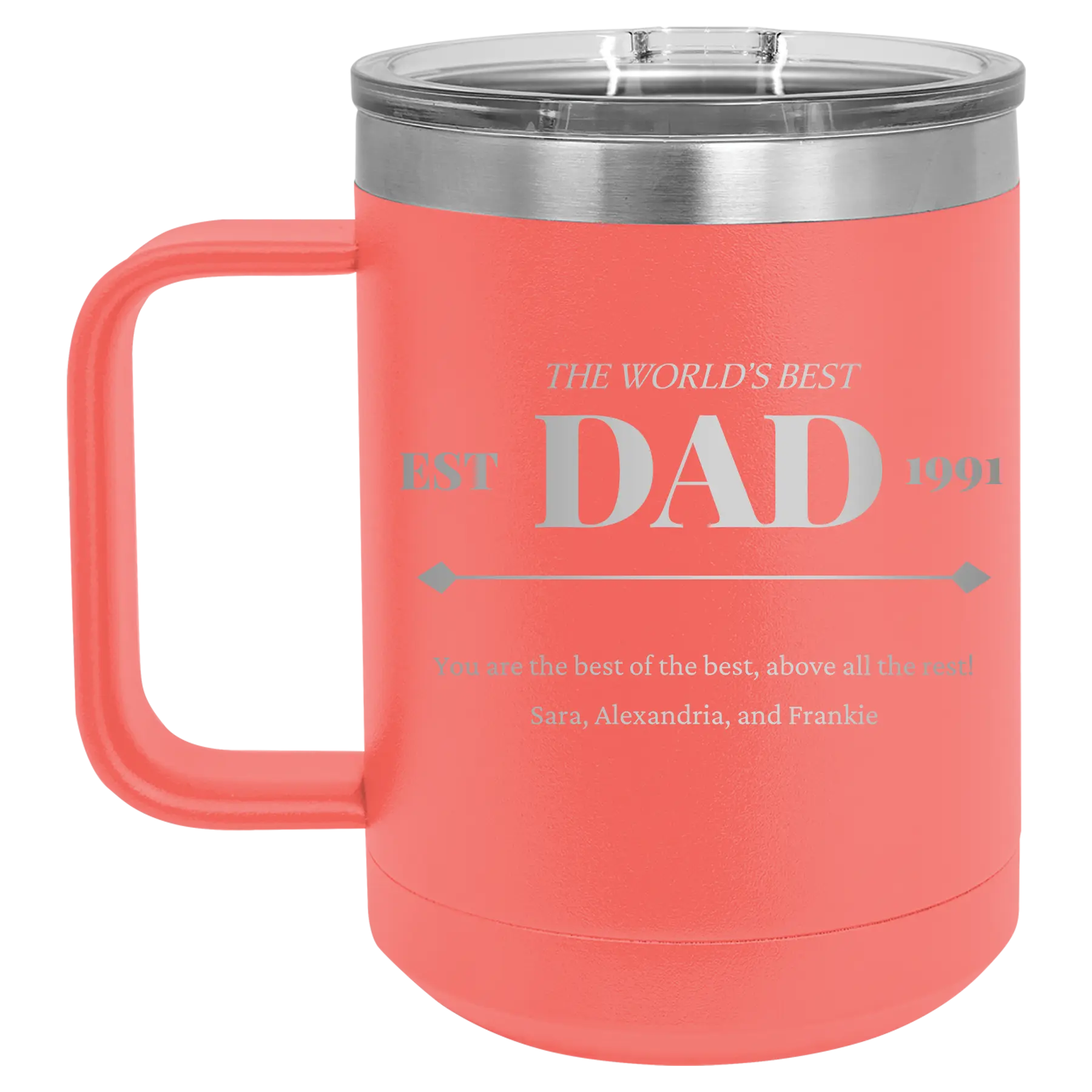 Personalized coral 15 oz vacuum insulated coffee mug with etched 'Best Dad Est' design