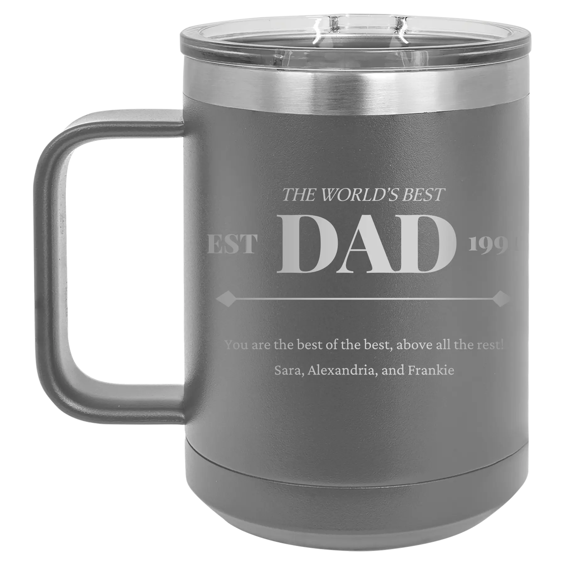 Personalized dark gray 15 oz vacuum insulated coffee mug with etched 'Best Dad Est' design