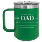 Personalized green 15 oz vacuum insulated coffee mug with etched 'Best Dad Est' design