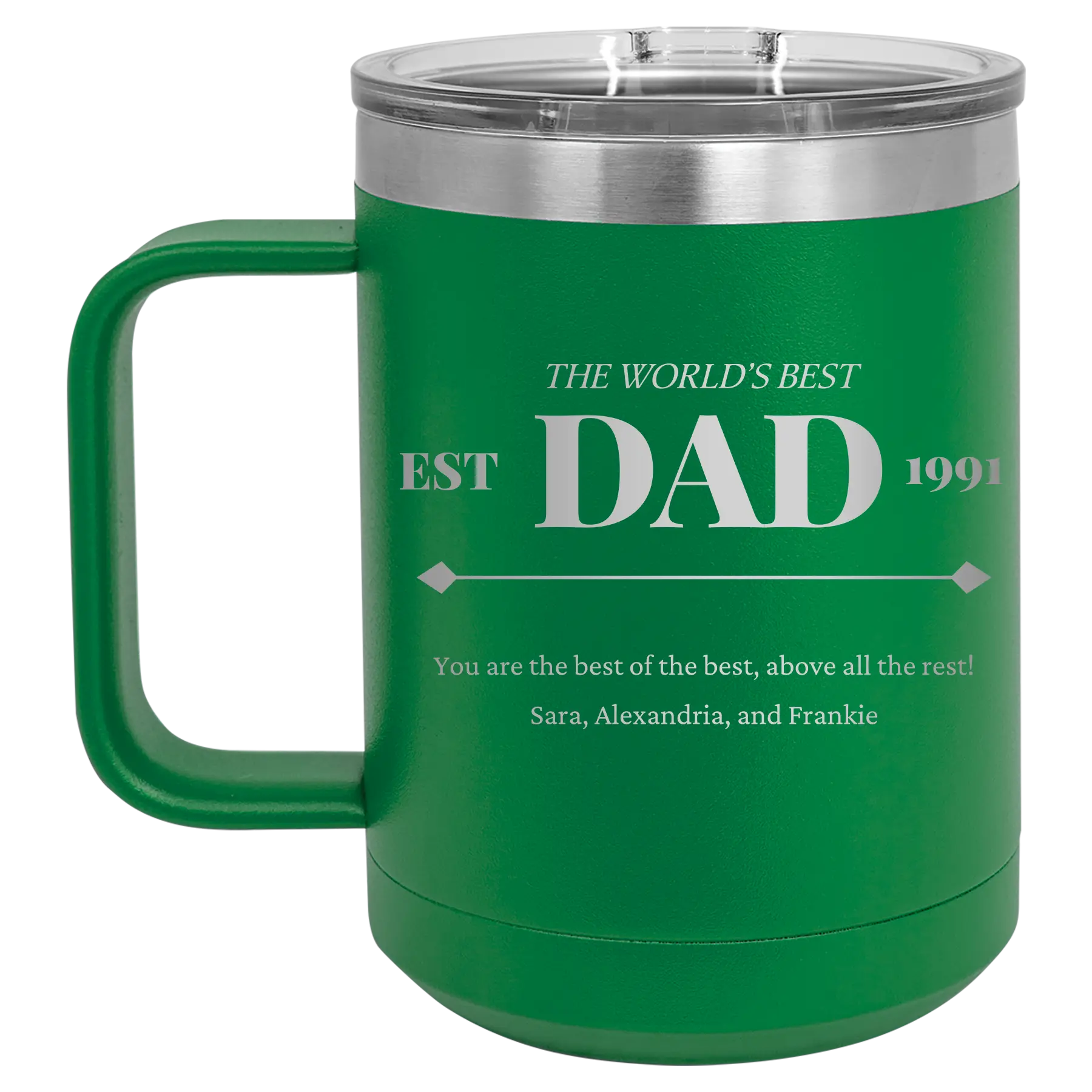 Personalized green 15 oz vacuum insulated coffee mug with etched 'Best Dad Est' design