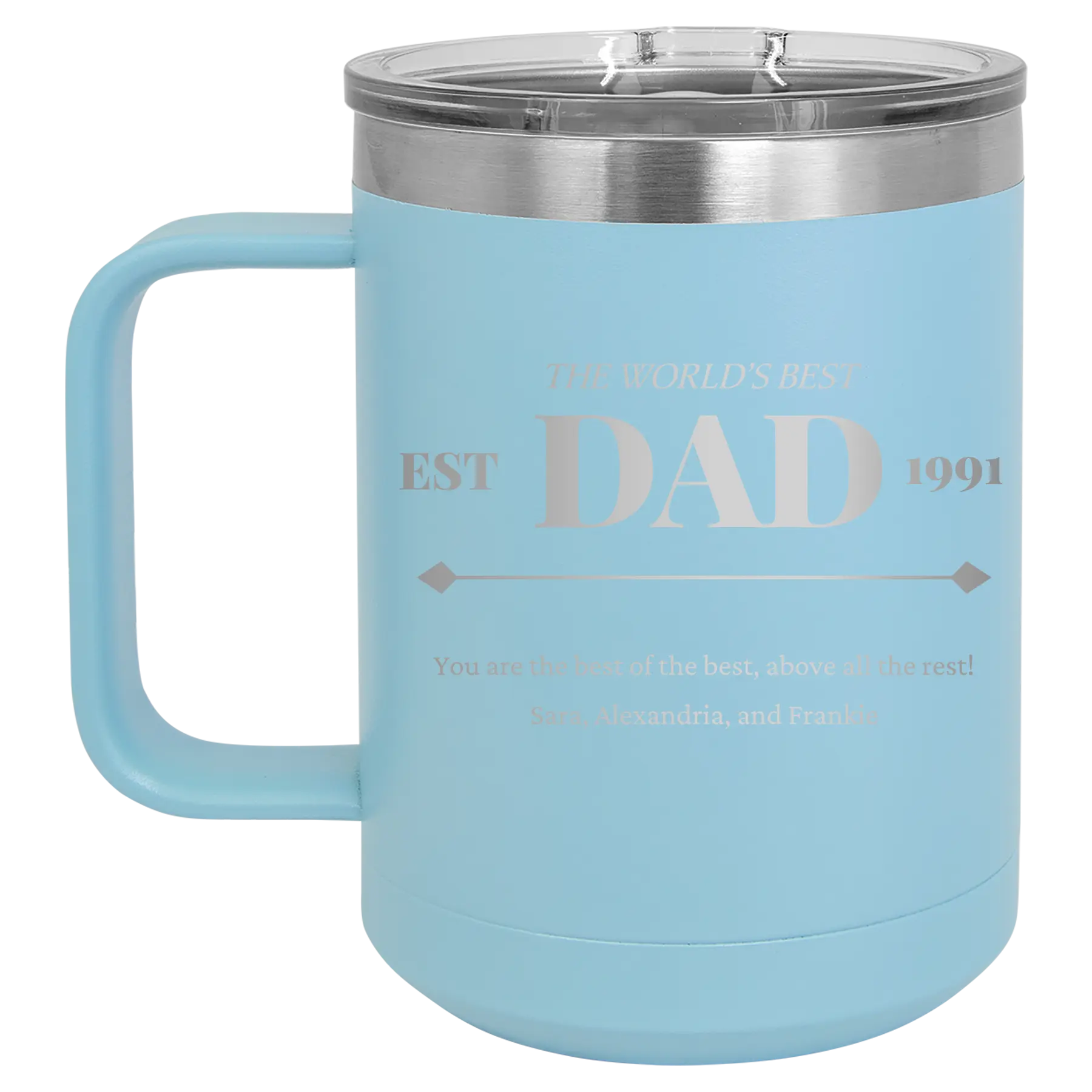 Personalized light blue 15 oz vacuum insulated coffee mug with etched 'Best Dad Est' design
